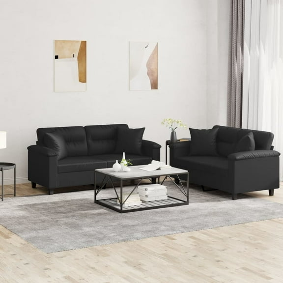 vidaXL 2 Piece Sofa Set with Pillows Black Faux Leather