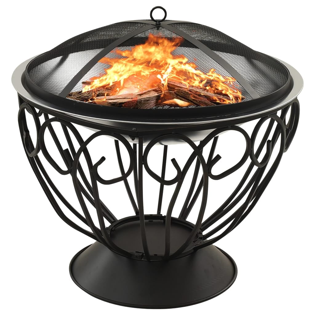 Silver Stainless Steel Free-Standing Fire Pit with Mesh Cover