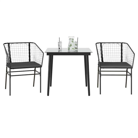 vidaXL 3 Piece Patio Dining Set with Cushions Black Poly Rattan Glass