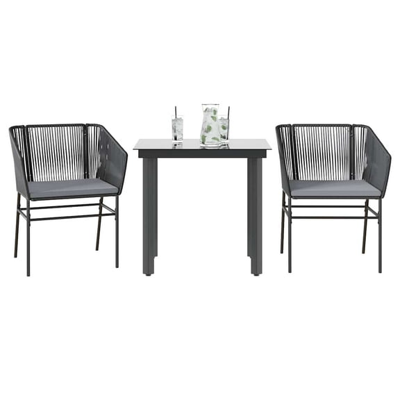 vidaXL 3 Piece Patio Dining Set with Cushions Black Poly Rattan Glass