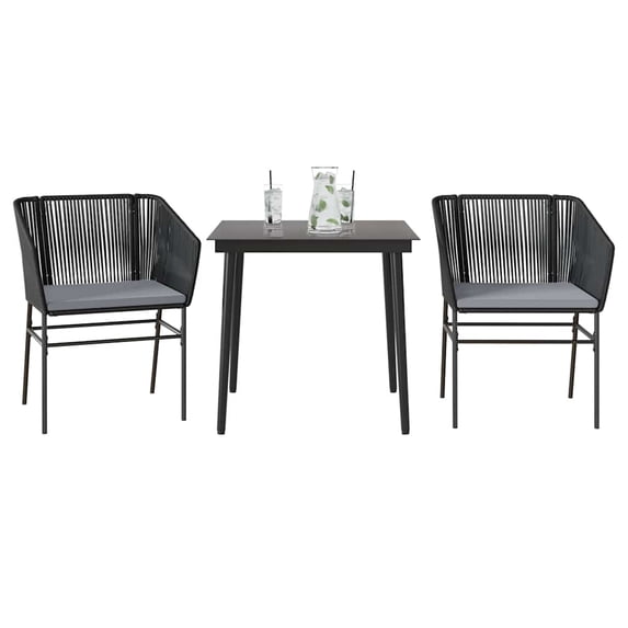 vidaXL 3 Piece Patio Dining Set with Cushions Black Poly Rattan Glass