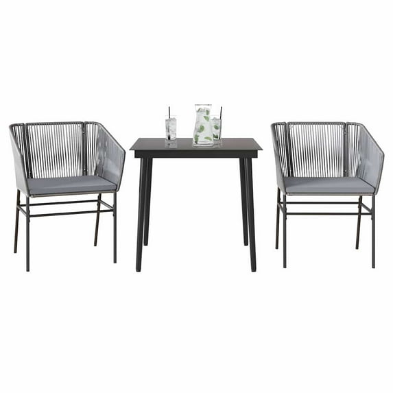 vidaXL 3 Piece Patio Dining Set with Cushions Gray Poly Rattan Glass