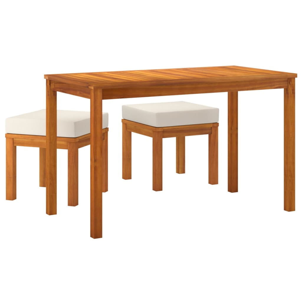 Cream Cushioned Solid Acacia Wood 2-Person Patio Dining Set