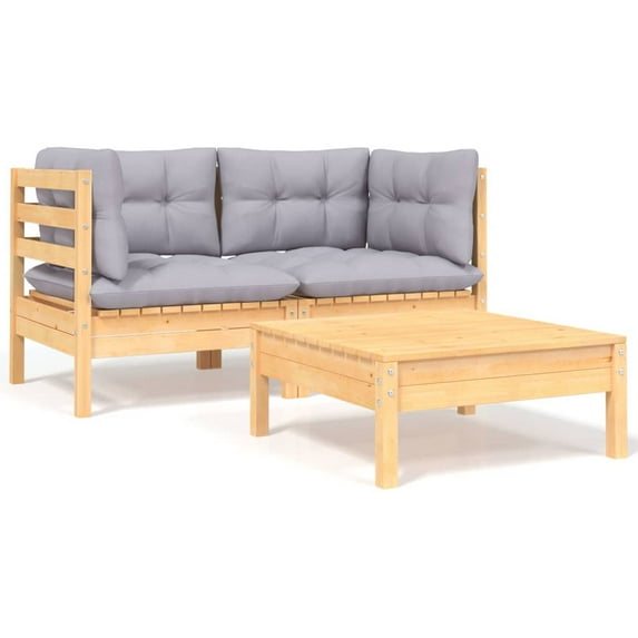 vidaXL 3 Piece Patio Lounge Set with Gray Cushions Solid Pinewood