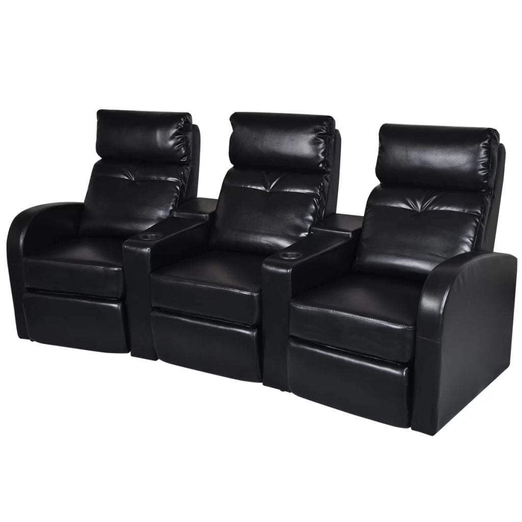 Black Faux Leather 3-Seater Reclining Home Theater Sofa with Cup Holders