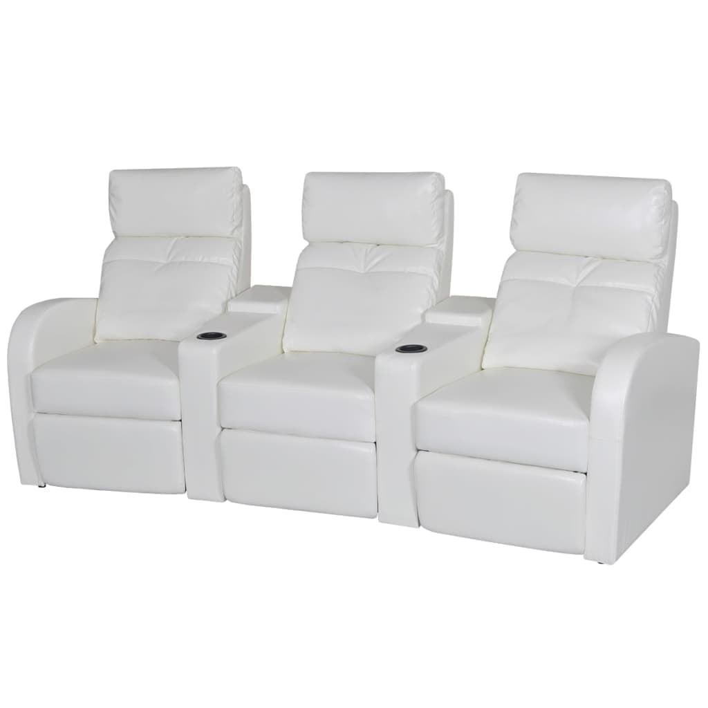 White Faux Leather 3-Seater Reclining Sofa with Cup Holder