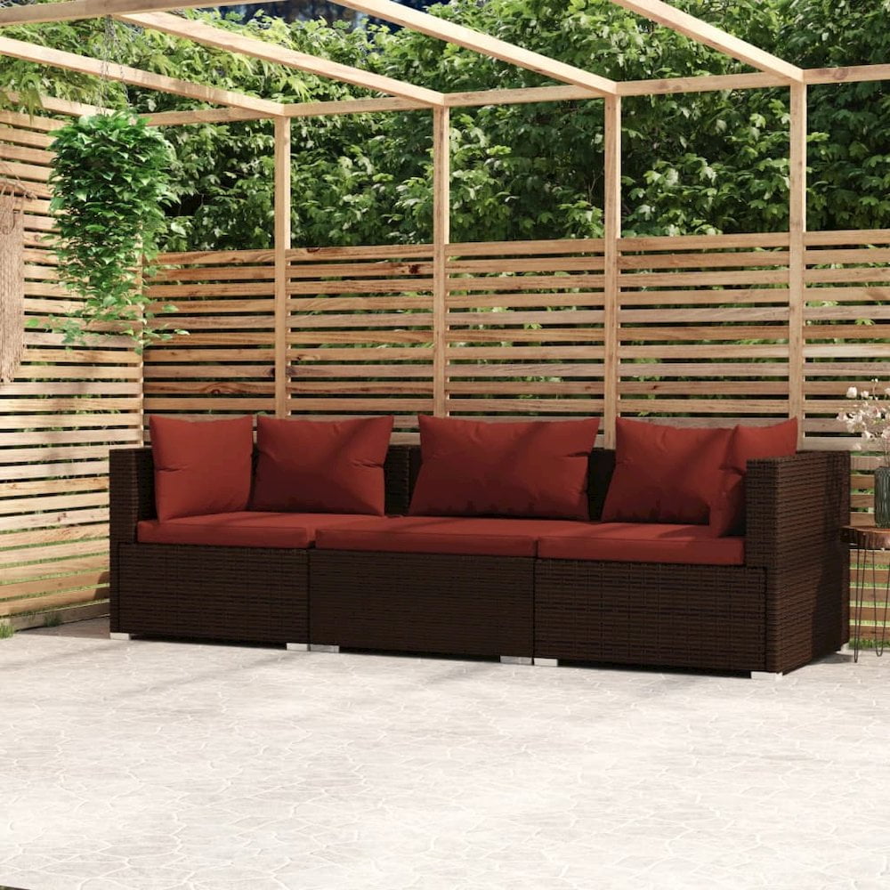 vidaXL 3-Seater Sofa with Cushions Brown Poly Rattan, 317544