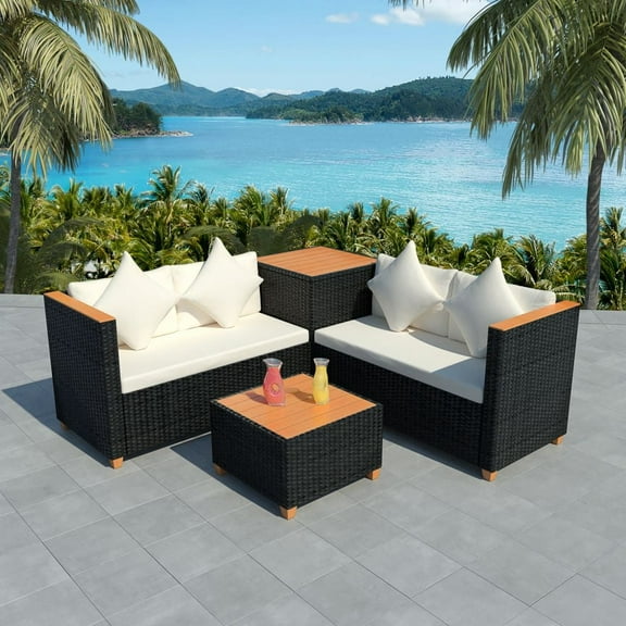 vidaXL 4 Piece Patio Lounge Set with Cushions Poly Rattan Black