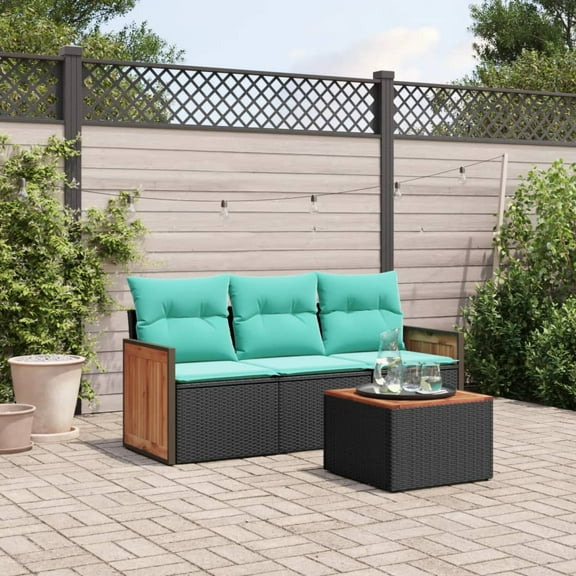 vidaXL 4 Piece Patio Sofa Set with Cushions Black Poly Rattan