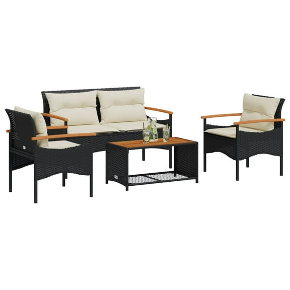 vidaXL 4 Piece Patio Sofa Set with Cushions Black Poly Rattan