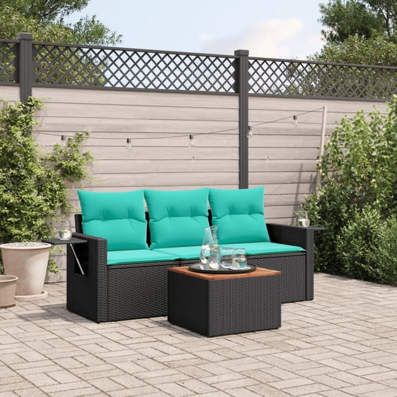 vidaXL 4 Piece Patio Sofa Set with Cushions Black Poly Rattan