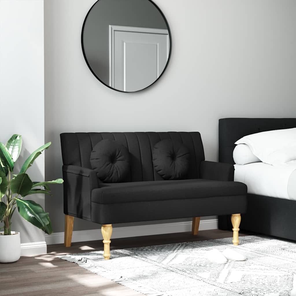 Black Fabric Bench with Cushions and Wooden Legs