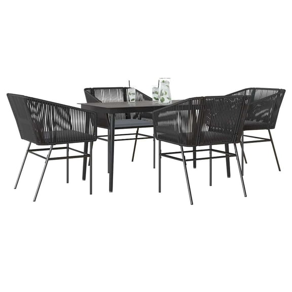 vidaXL 5 Piece Patio Dining Set with Cushions Black Poly Rattan Glass