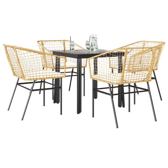 vidaXL 5 Piece Patio Dining Set with Cushions Brown Poly Rattan Glass