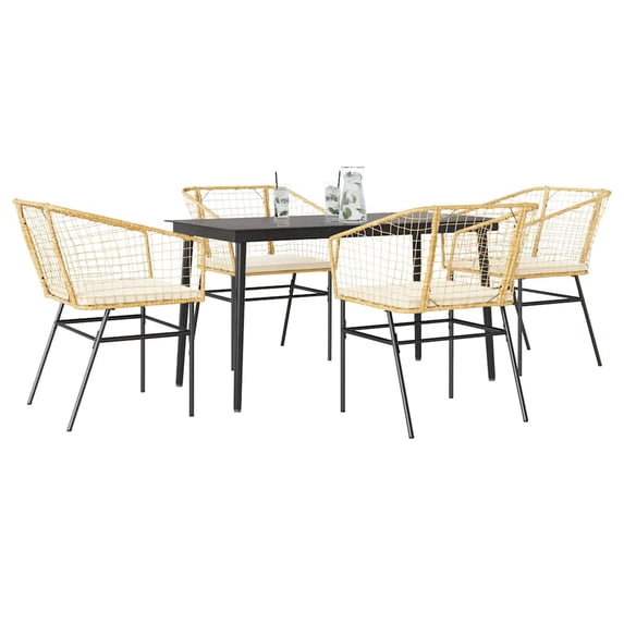 vidaXL 5 Piece Patio Dining Set with Cushions Brown Poly Rattan Glass