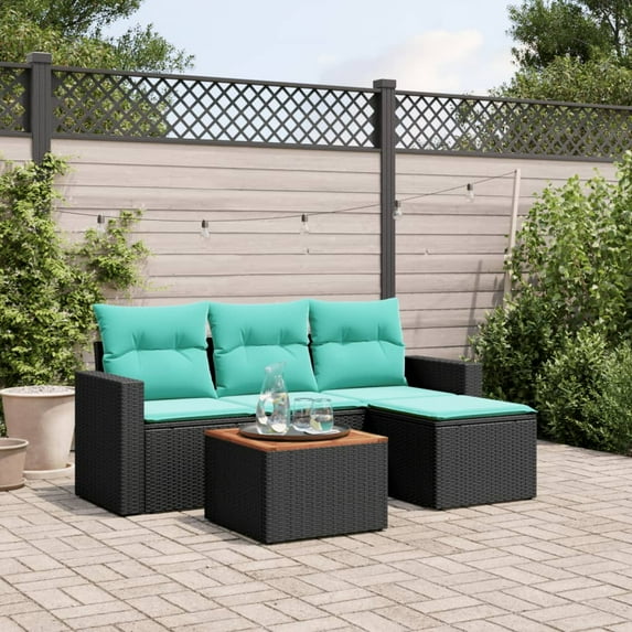 vidaXL 5 Piece Patio Sofa Set with Cushions Black Poly Rattan