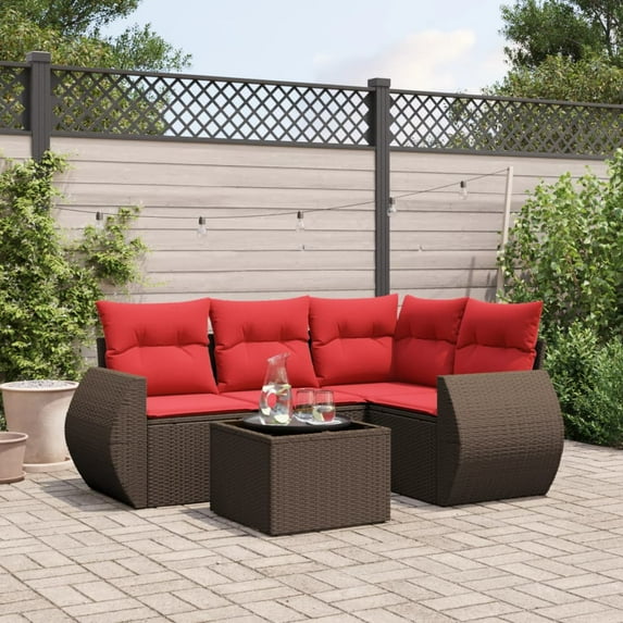 vidaXL 5 Piece Patio Sofa Set with Cushions Brown Poly Rattan