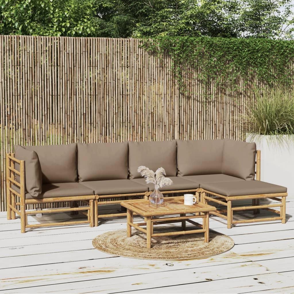 Taupe Fabric Cushioned Bamboo 5-Person Patio Lounge Set