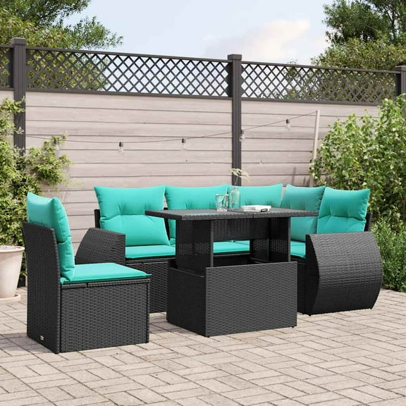 vidaXL 6 Piece Patio Sofa Set with Cushions Black Poly Rattan