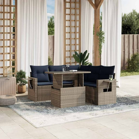 vidaXL 6 Piece Patio Sofa Set with Cushions Gray Poly Rattan