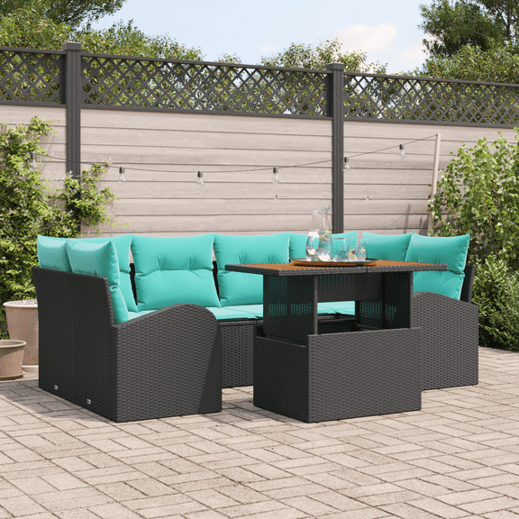 vidaXL 7 Piece Garden Sofa Set with Cushions Black Poly Rattan Acacia