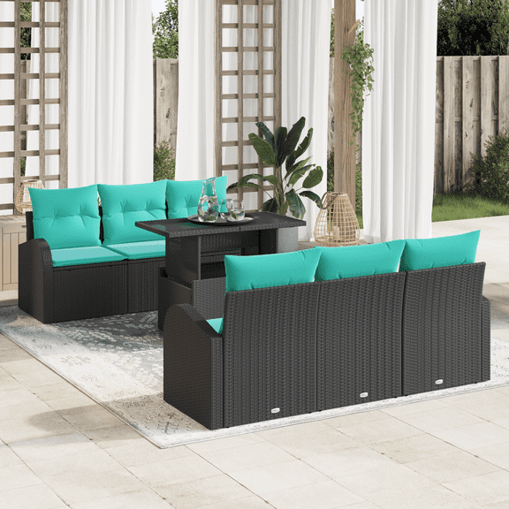 vidaXL 7 Piece Garden Sofa Set with Cushions Black Poly Rattan