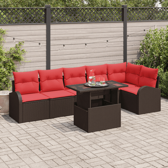 vidaXL 7 Piece Garden Sofa Set with Cushions Brown Poly Rattan