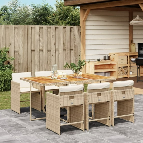 vidaXL 7 Piece Patio Dining Set with Cushions Beige Poly Rattan