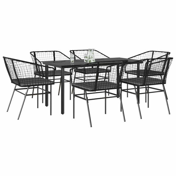 vidaXL 7 Piece Patio Dining Set with Cushions Black Poly Rattan Glass