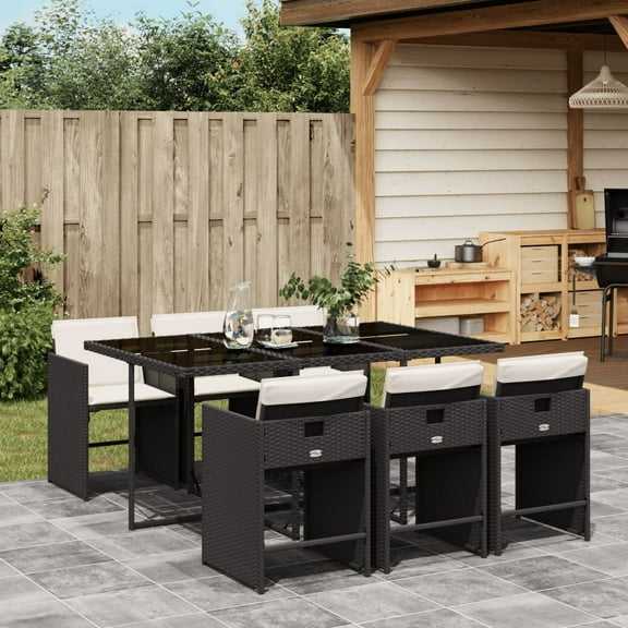 vidaXL 7 Piece Patio Dining Set with Cushions Black Poly Rattan