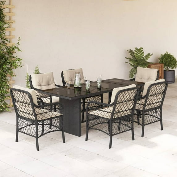 vidaXL 7 Piece Patio Dining Set with Cushions Black Poly Rattan