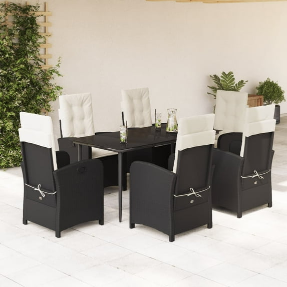 vidaXL 7 Piece Patio Dining Set with Cushions Black Poly Rattan