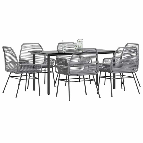 vidaXL 7 Piece Patio Dining Set with Cushions Gray Poly Rattan Glass