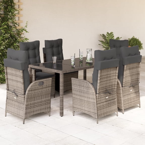 vidaXL 7 Piece Patio Dining Set with Cushions Gray Poly Rattan
