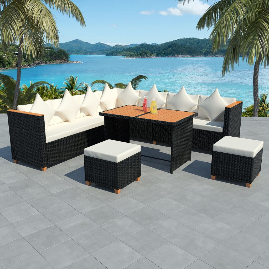 vidaXL 7 Piece Patio Lounge Set with Cushions Poly Rattan Black - image 1 of 10