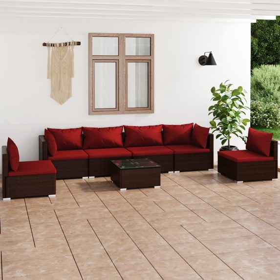 vidaXL 7 Piece Patio Lounge Set with Cushions Poly Rattan Brown, 3102219