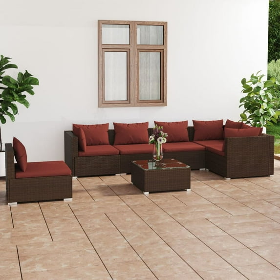 vidaXL 7 Piece Patio Lounge Set with Cushions Poly Rattan Brown