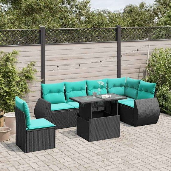 vidaXL 7 Piece Patio Sofa Set with Cushions Black Poly Rattan