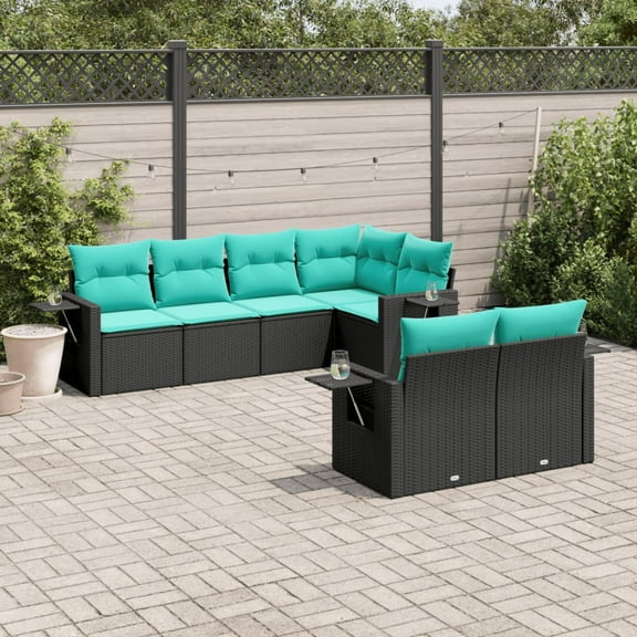vidaXL 7 Piece Patio Sofa Set with Cushions Black Poly Rattan