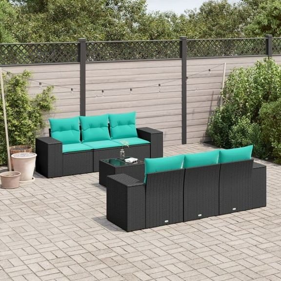 vidaXL 7 Piece Patio Sofa Set with Cushions Black Poly Rattan