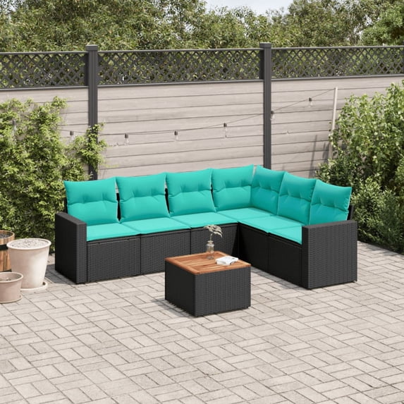 vidaXL 7 Piece Patio Sofa Set with Cushions Black Poly Rattan