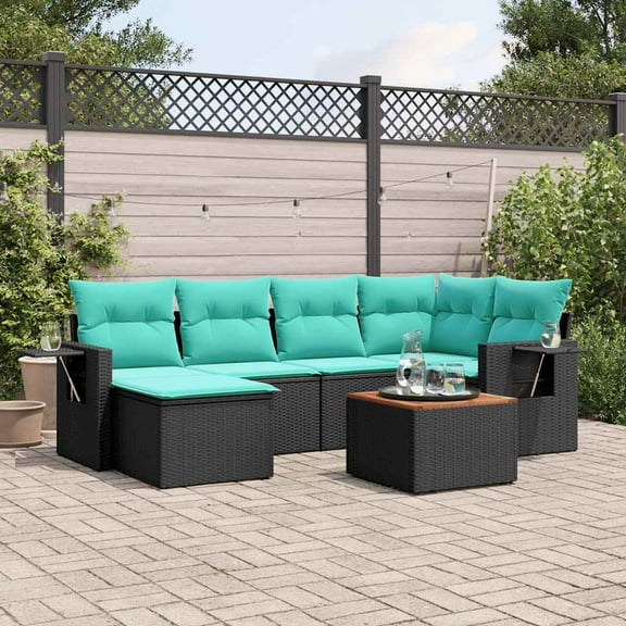 vidaXL 7 Piece Patio Sofa Set with Cushions Black Poly Rattan