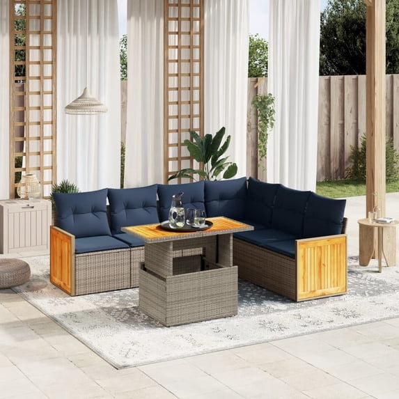vidaXL 7 Piece Patio Sofa Set with Cushions Gray Poly Rattan