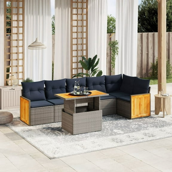 vidaXL 7 Piece Patio Sofa Set with Cushions Gray Poly Rattan