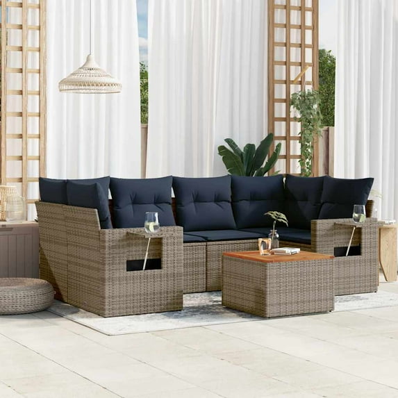 vidaXL 7 Piece Patio Sofa Set with Cushions Gray Poly Rattan