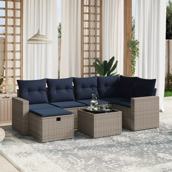 vidaXL 7 Piece Patio Sofa Set with Cushions Gray Poly Rattan