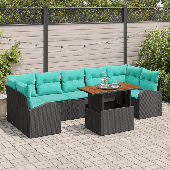 vidaXL 8 Piece Garden Sofa Set with Cushions Black Poly Rattan Acacia