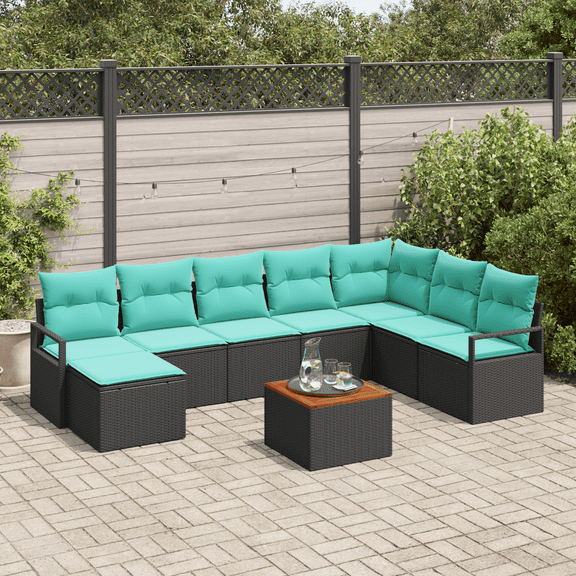 vidaXL 9 Piece Garden Sofa Set with Cushions Black Poly Rattan Acacia