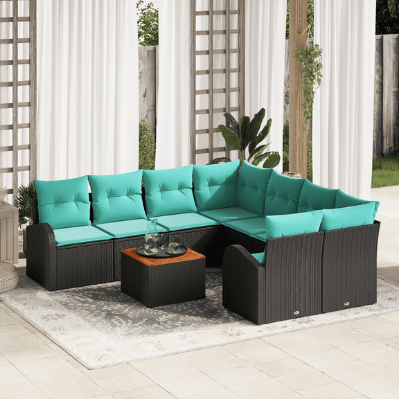 vidaXL 9 Piece Garden Sofa Set with Cushions Black Poly Rattan Acacia