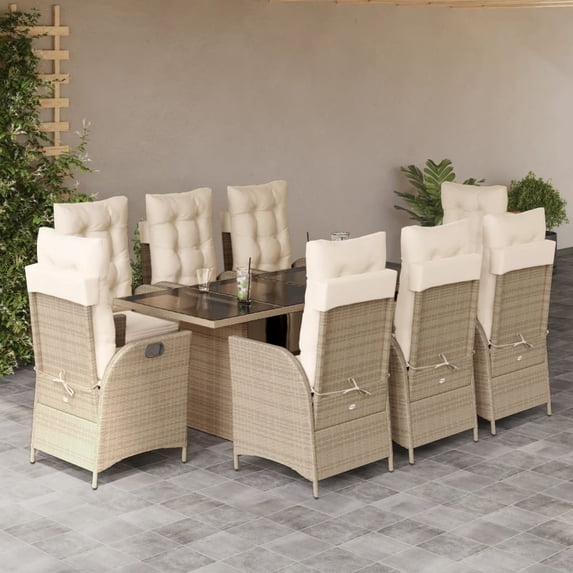 vidaXL 9 Piece Patio Dining Set with Cushions Beige Poly Rattan